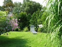 Garten hinter der Ferienwohnung im Sommer