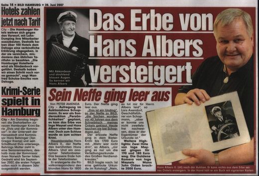 BILD Bericht vom 28.Juni 2007, Seite 14 > Das Erbe von Hans Albers versteigert !
