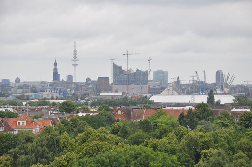 Panoramabild auf Elbphilharmonie und Hamburger Wahrzeichen